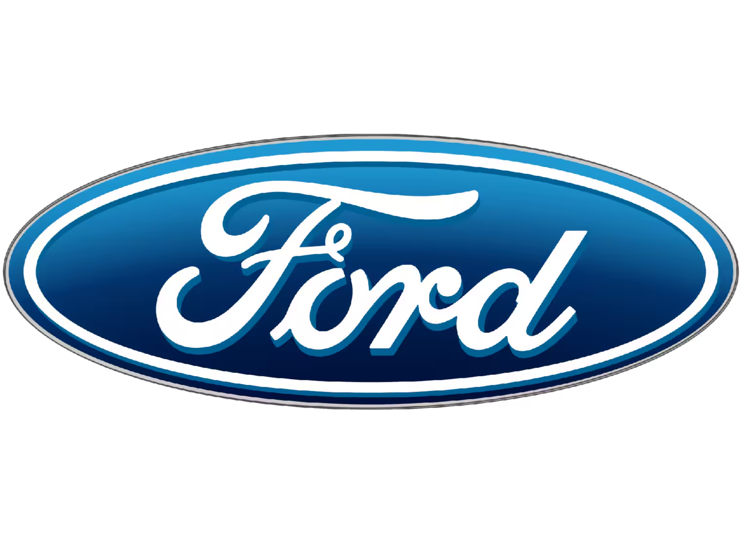 Alt text: "Ford logo showing white cursive text 'Ford' on a blue oval background, outlined with a thin white border."