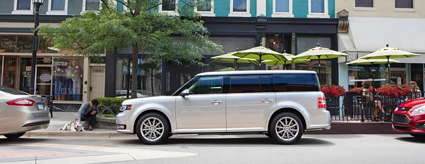 Silver SUV parked on a city street next to a cafe with green umbrellas. A person kneels beside a dog on the sidewalk, creating a lively urban scene.